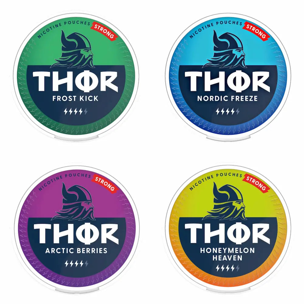 Bundle of 5 THOR 12.6mg nicotine pouches featuring assorted flavours in a tobacco free format