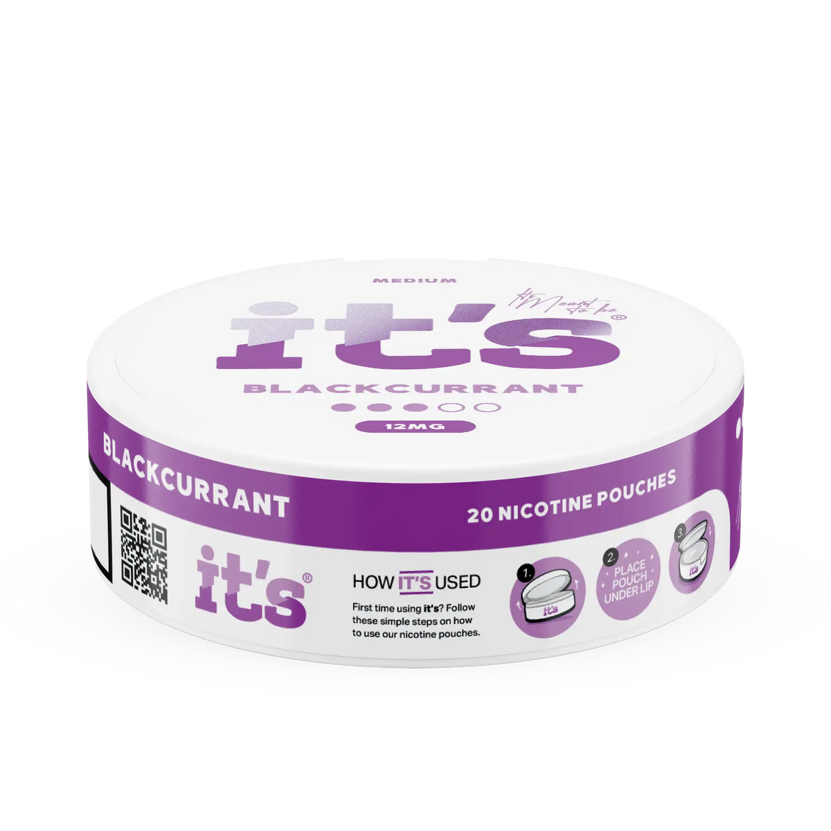 Side of the It’s Blackcurrant 12mg can, 20 slim tobacco-free nicotine pouches