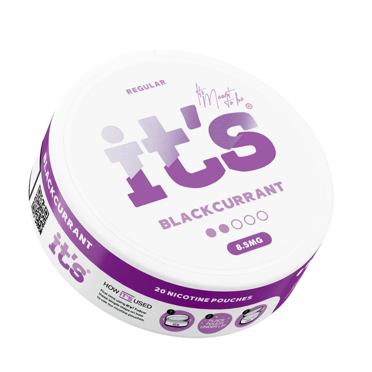 It’s Blackcurrant 8.5mg nicotine pouch can at an angle, rich, tangy blackcurrant flavour