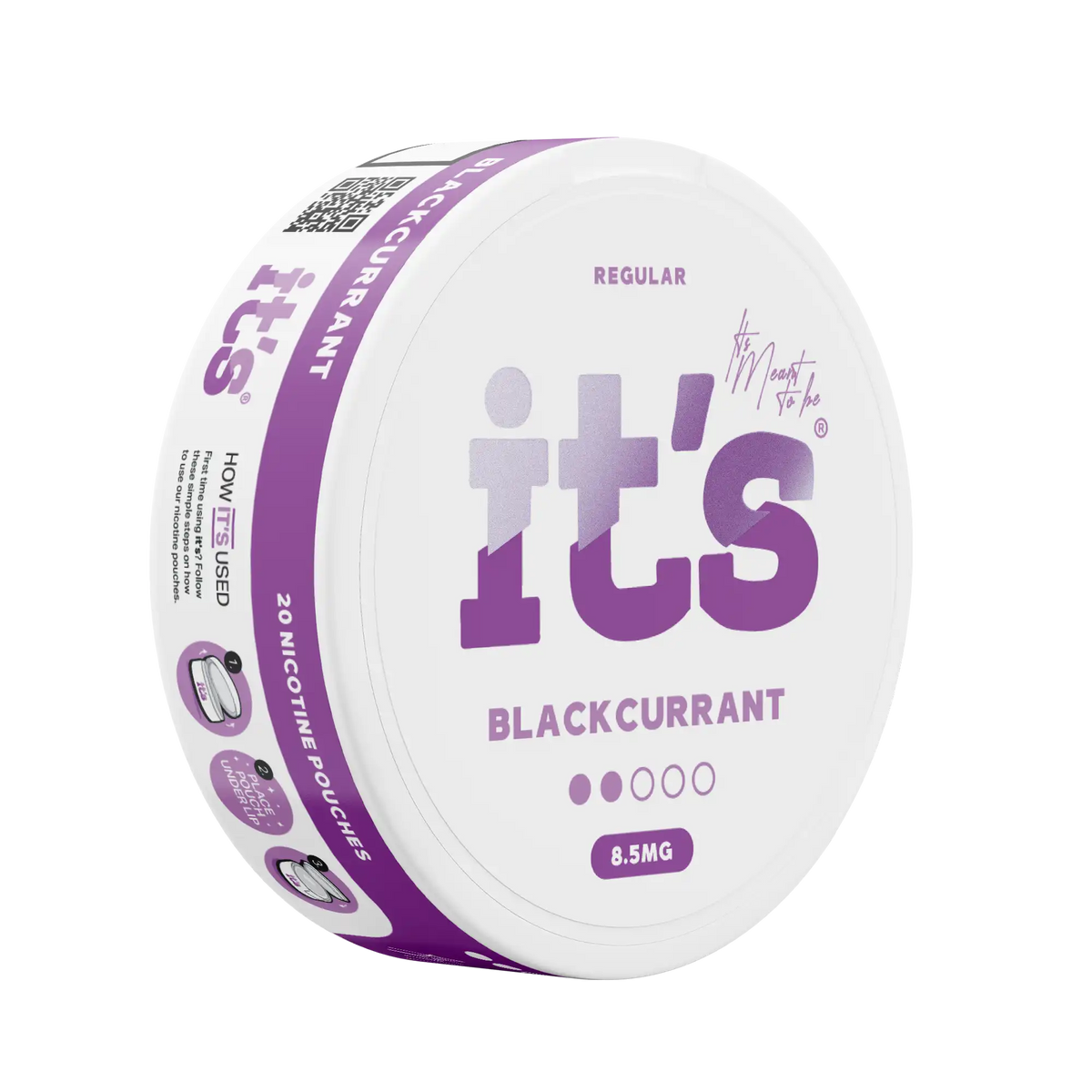 Tilted It’s Blackcurrant 8.5mg can showing 2 of 5 strength dots and 8.5mg per pouch