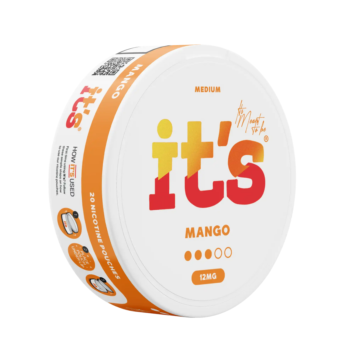 Tilted It’s Mango 12mg can showing 3 of 5 strength dots and 12mg per pouch