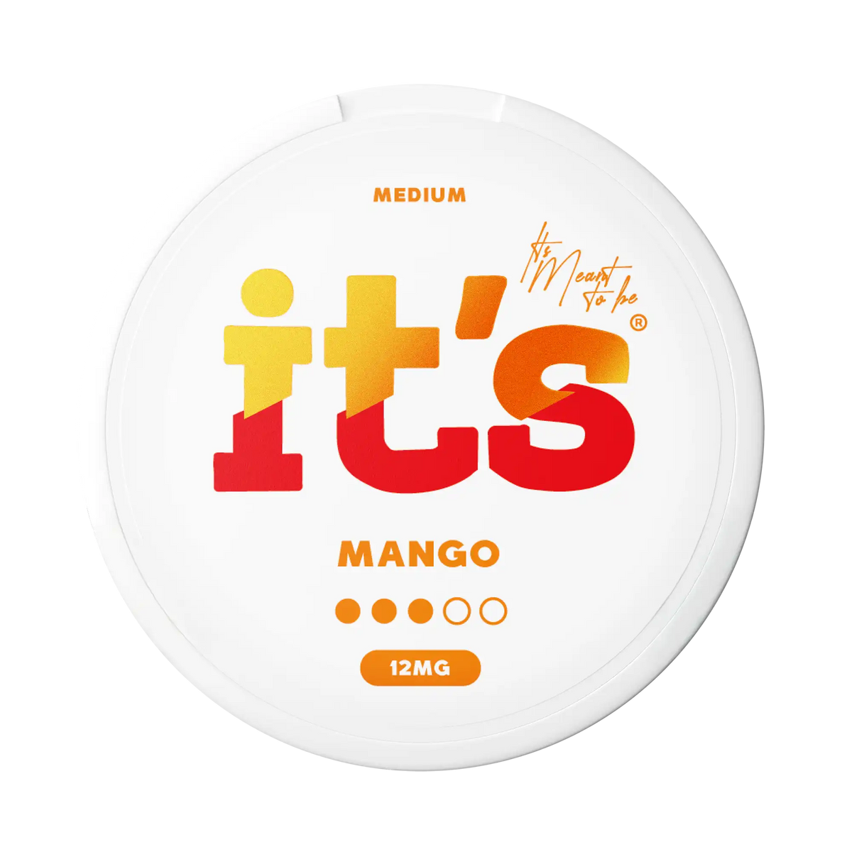 It’s Mango 12mg nicotine pouches UK, front of the can with the Medium strength label