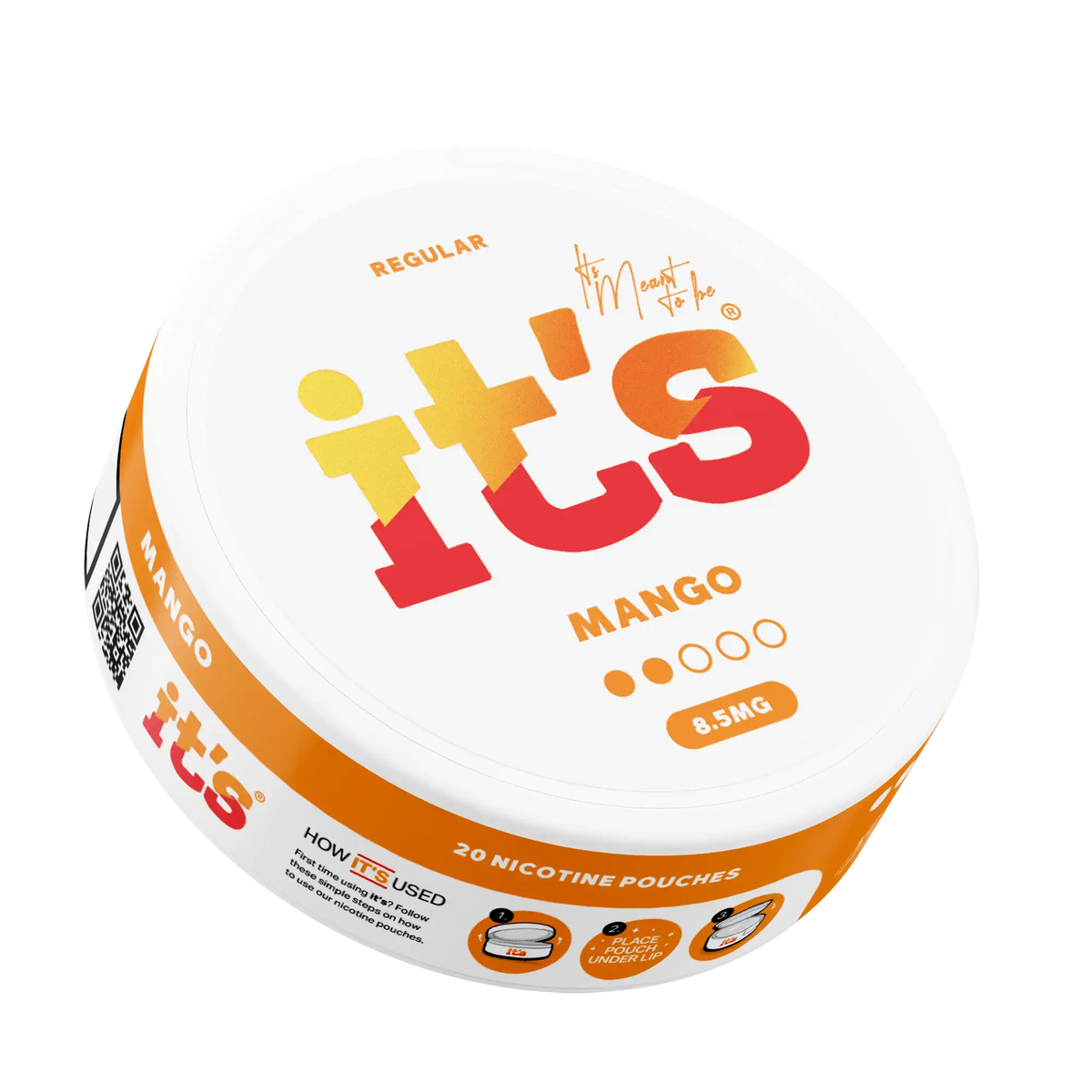 It’s Mango 8.5mg nicotine pouch can at an angle, ripe tropical mango flavour