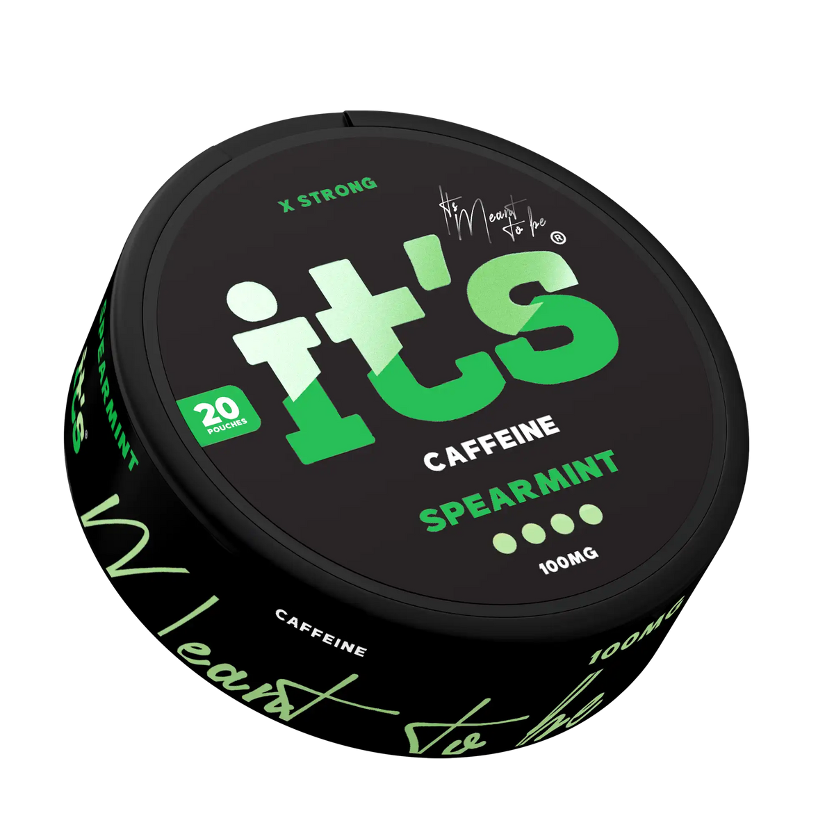 It’s Spearmint 100mg caffeine pouch can at an angle, fresh, sweet spearmint flavour