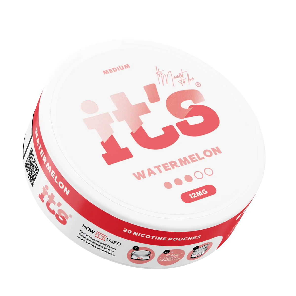 It’s Watermelon 12mg nicotine pouch can at an angle, sweet, juicy watermelon flavour