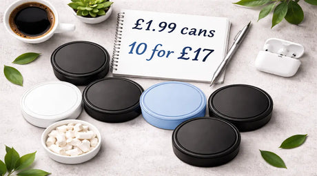 £1.99 nicotine pouches UK and 10 for £17 offer with neutral cans flat lay