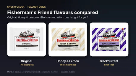 Fisherman's Friend Original, Honey & Lemon and Blackcurrant menthol lozenge packs side by side
