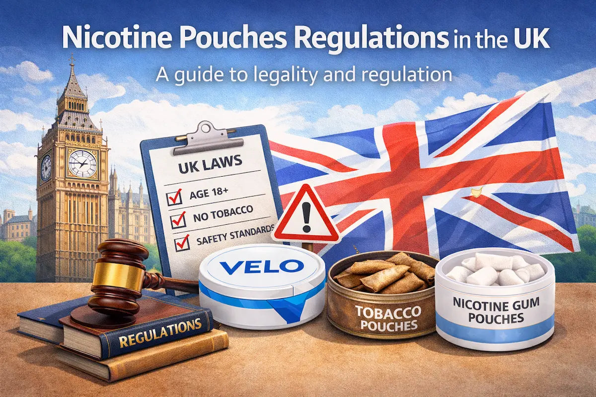 Header image illustrating UK nicotine pouch regulations with legal and consumer safety focus
