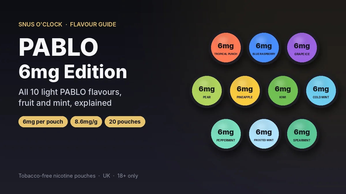 PABLO 6mg Edition nicotine pouches UK guide showing all 10 light flavours at 6mg per pouch