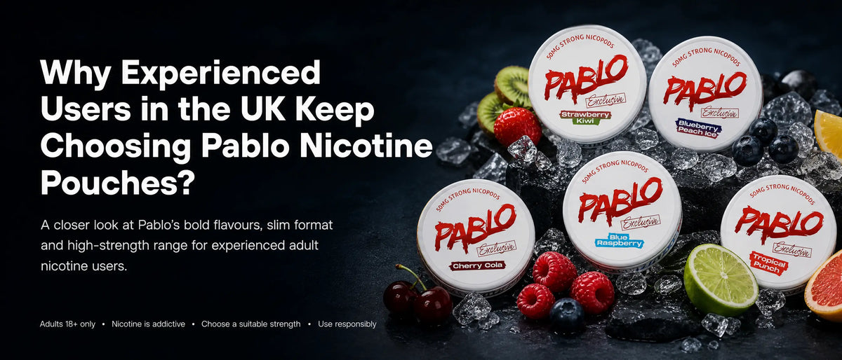 Pablo Exclusive nicotine pouches in Strawberry Kiwi, Blueberry Peach Ice, Cherry Cola, Blue Raspberry and Tropical Punch flavours