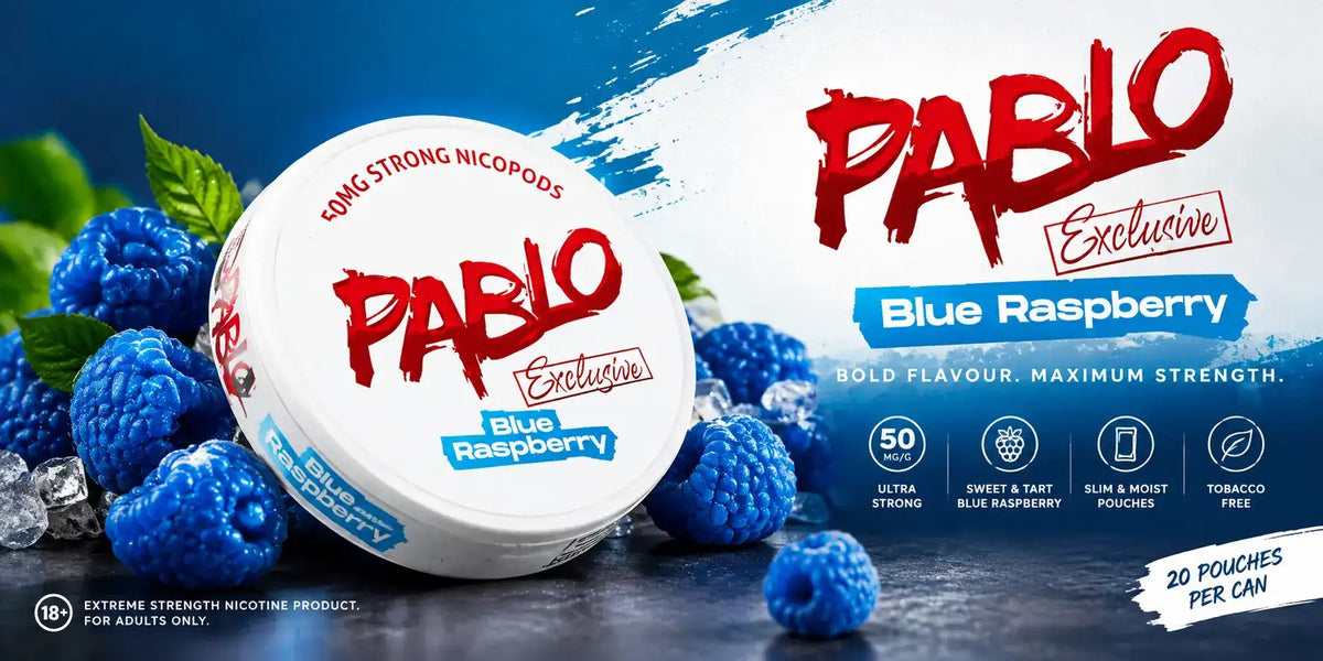 PABLO Exclusive Blue Raspberry 50mg nicotine pouches with blue raspberry flavour