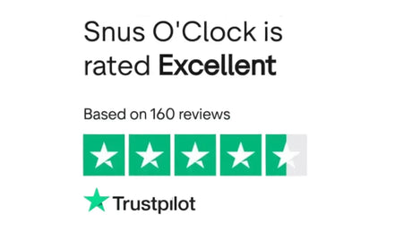 Snus O Clock Trustpilot profile showing 4.5 rating from 159 reviews UK nicotine pouches store