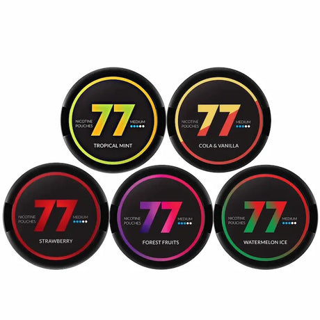77 nicotine pouches bundle 16mg UK tropical mint strawberry forest fruits watermelon ice cola vanilla