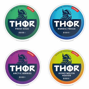 Bundle of 5 THOR 12.6mg nicotine pouches featuring assorted flavours in a tobacco free format