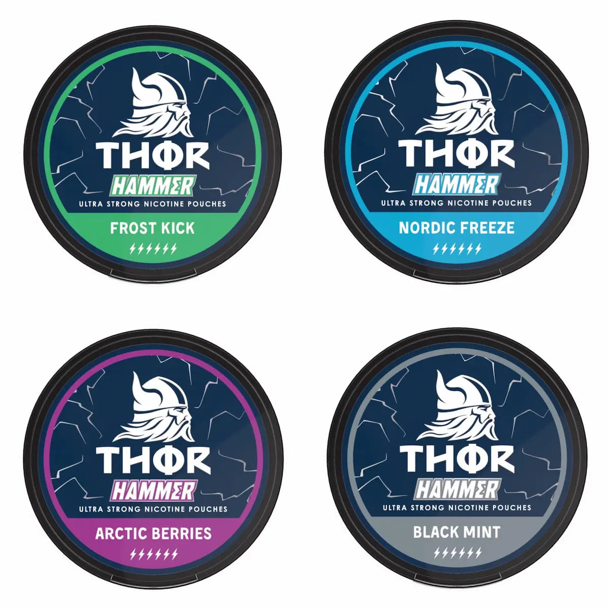 Bundle of 5 THOR 20mg nicotine pouches featuring strong Nordic inspired flavours in a tobacco free format