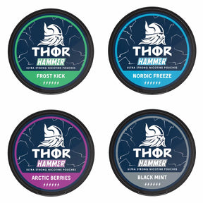 Bundle of 5 THOR 20mg nicotine pouches featuring strong Nordic inspired flavours in a tobacco free format