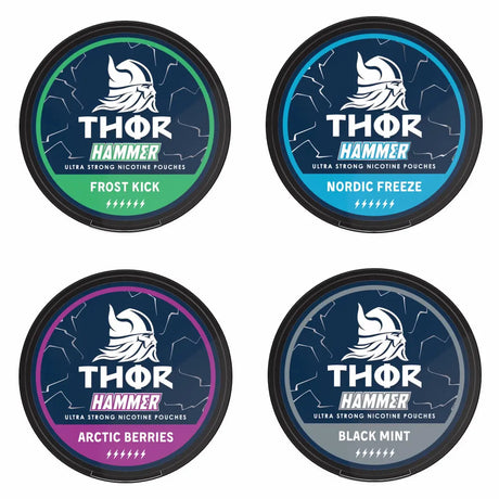 Bundle of 5 THOR 20mg nicotine pouches featuring strong Nordic inspired flavours in a tobacco free format