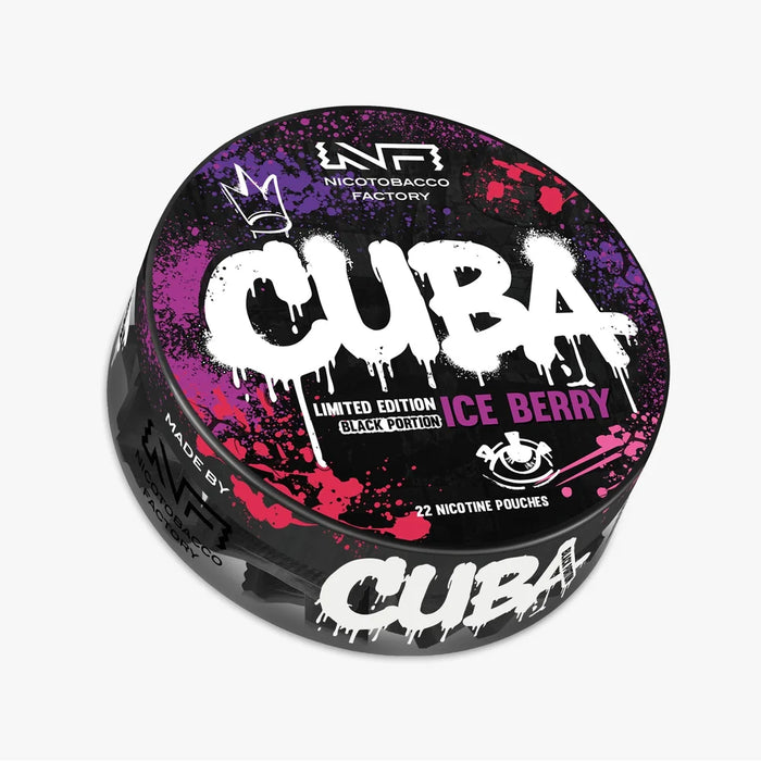 CUBA Limited Edition Ice Berry Black Portion 30mg nicotine pouches UK, mixed berry flavour with icy cooling, 22 slim pouches per can