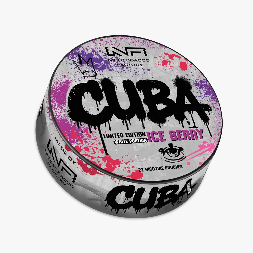 CUBA Limited Edition Ice Berry White Portion 30mg nicotine pouches UK, mixed berry flavour with icy cooling, 22 slim pouches per can