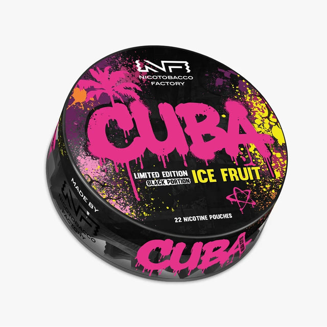 CUBA Limited Edition Ice Fruit Black Portion 30mg nicotine pouches UK, tropical fruit flavour with icy cooling, 22 slim pouches per can