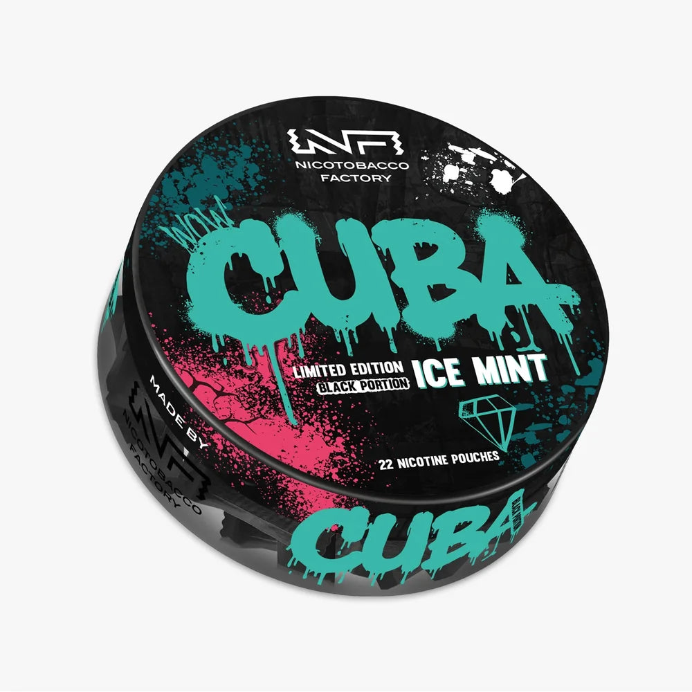 CUBA Limited Edition Ice Mint Black Portion 30mg nicotine pouches UK, fresh mint flavour with icy cooling, 22 slim pouches per can