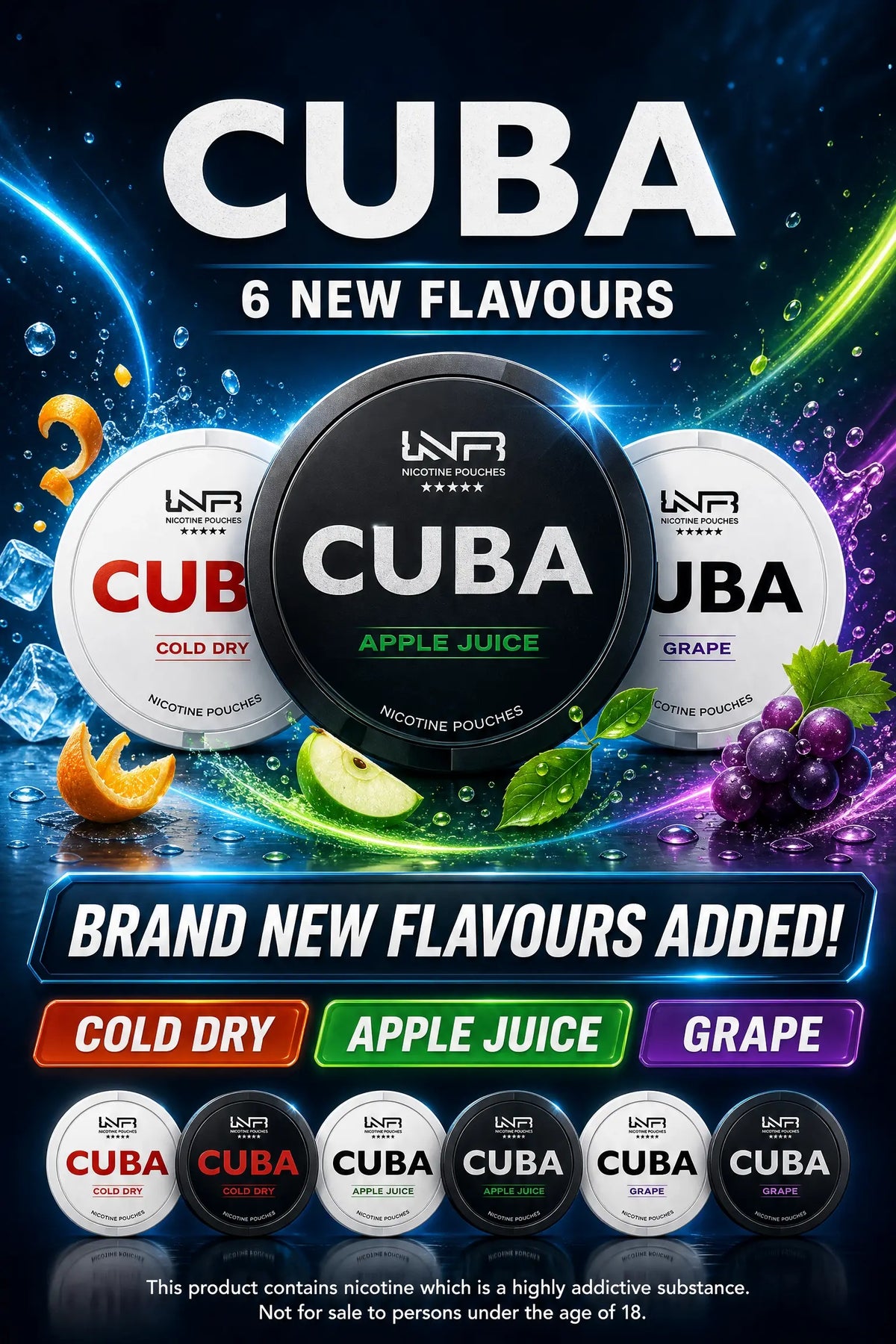 CUBA nicotine pouches featuring new Cold Dry, Apple Juice and Grape varieties