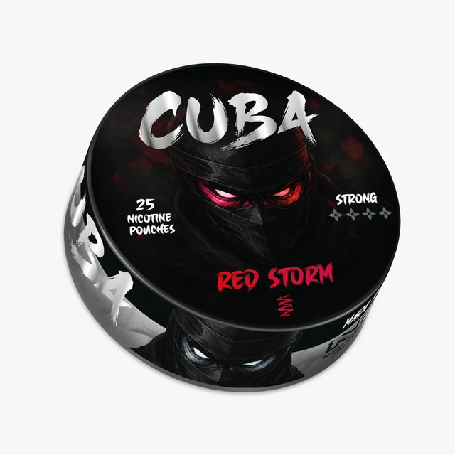 CUBA Ninja Red Storm 30mg nicotine pouches UK, cranberry and ice mint flavour, 25 slim pouches per can