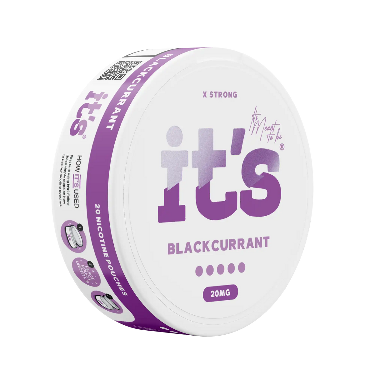 Tilted It’s Blackcurrant 20mg can showing 5 of 5 strength dots and 20mg per pouch