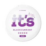It’s Blackcurrant 20mg nicotine pouches UK, front of the can with the X Strong strength label