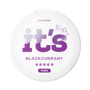 It’s Blackcurrant 20mg nicotine pouches UK, front of the can with the X Strong strength label