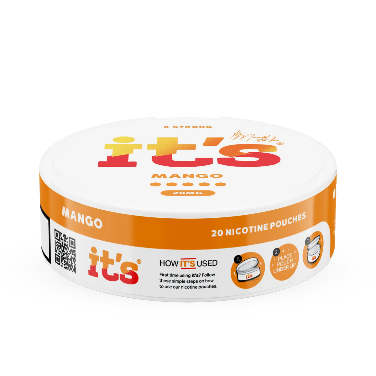 Side of the It’s Mango 20mg can, 20 slim tobacco-free nicotine pouches