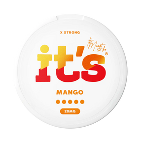 It’s Mango 20mg nicotine pouches UK, front of the can with the X Strong strength label