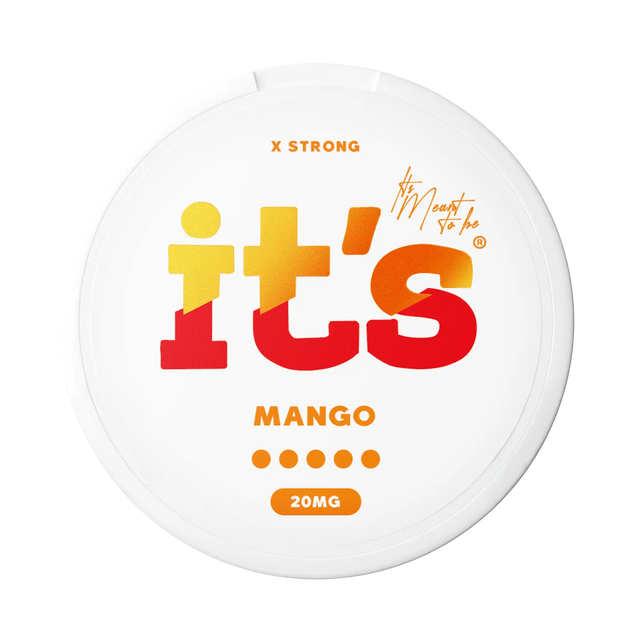 It’s Mango 20mg nicotine pouches UK, front of the can with the X Strong strength label