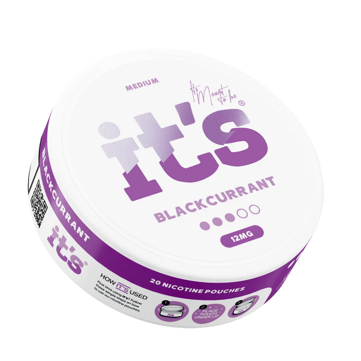 It’s Blackcurrant 12mg nicotine pouch can at an angle, rich, tangy blackcurrant flavour