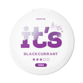 It’s Blackcurrant 12mg nicotine pouches UK, front of the can with the Medium strength label
