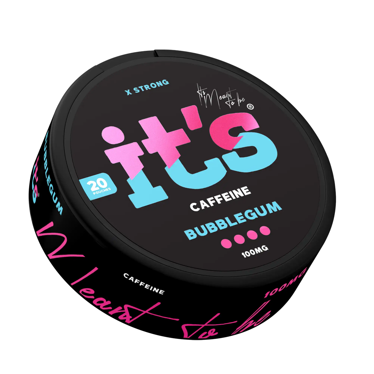It’s Bubblegum 100mg caffeine pouch can at an angle, sweet, fruity bubblegum flavour