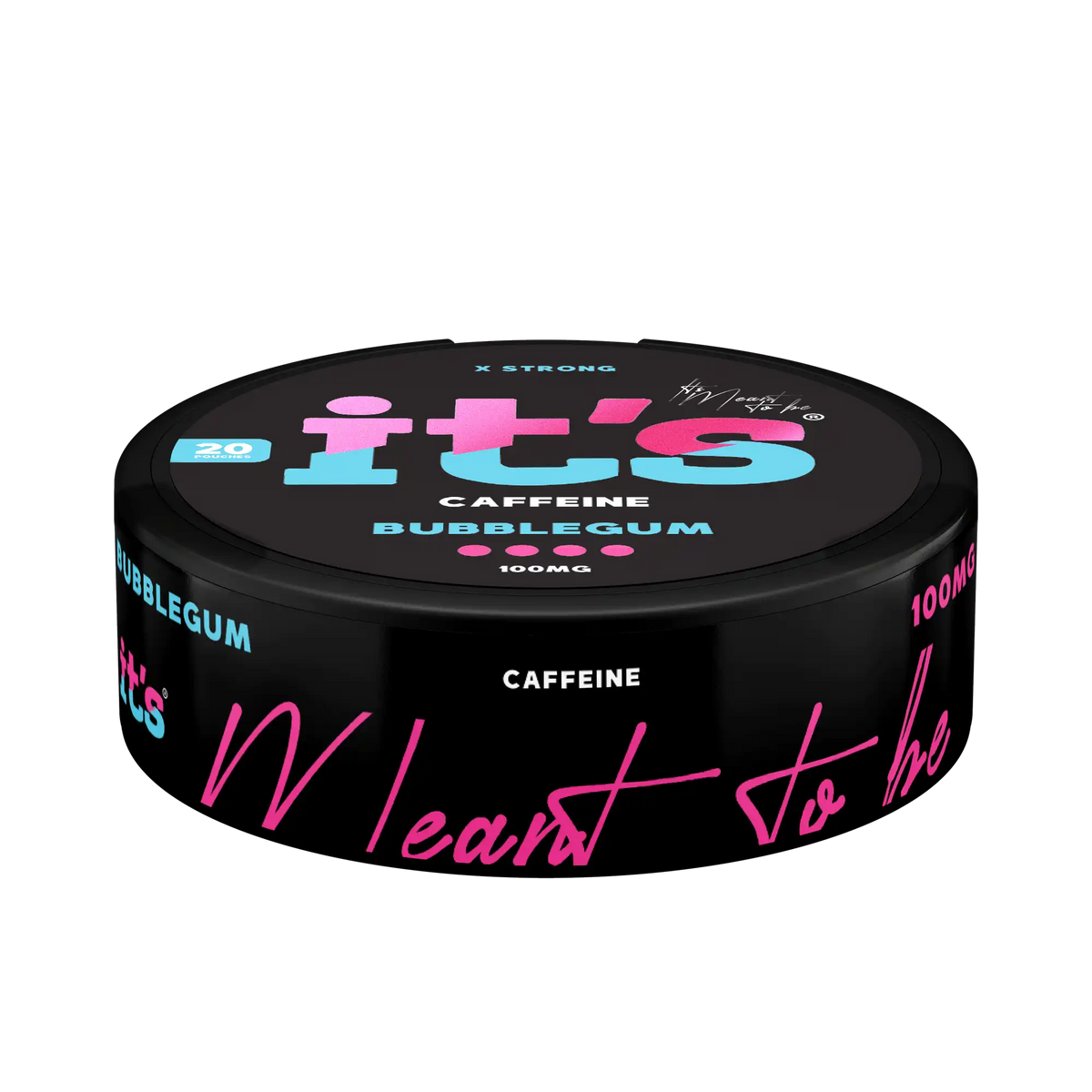 Side of the It’s Bubblegum 100mg caffeine can, 20 nicotine-free caffeine pouches