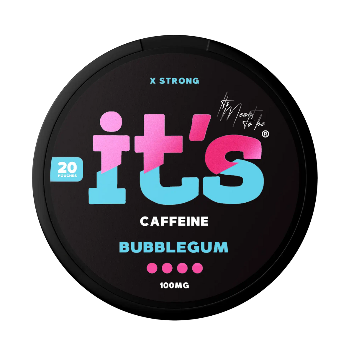 It’s Bubblegum 100mg caffeine pouches UK, front of the can with the X Strong 100mg caffeine label