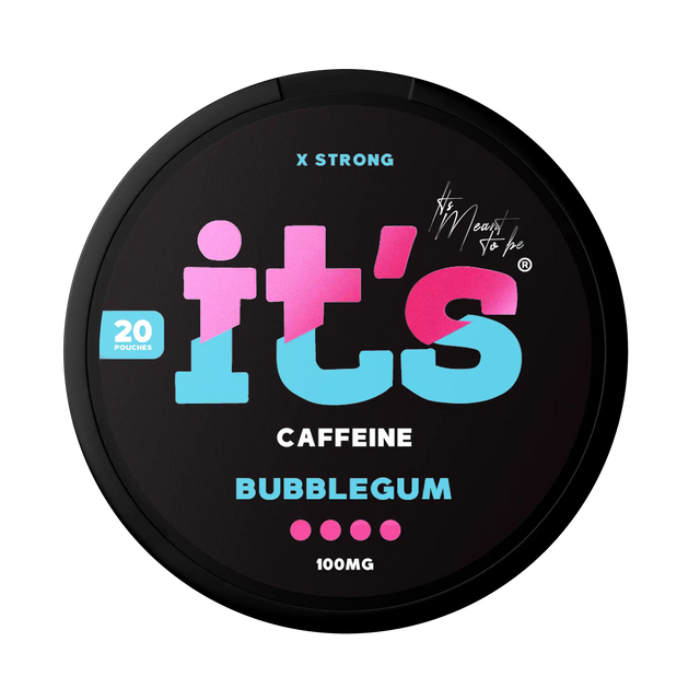 It’s Bubblegum 100mg caffeine pouches UK, front of the can with the X Strong 100mg caffeine label