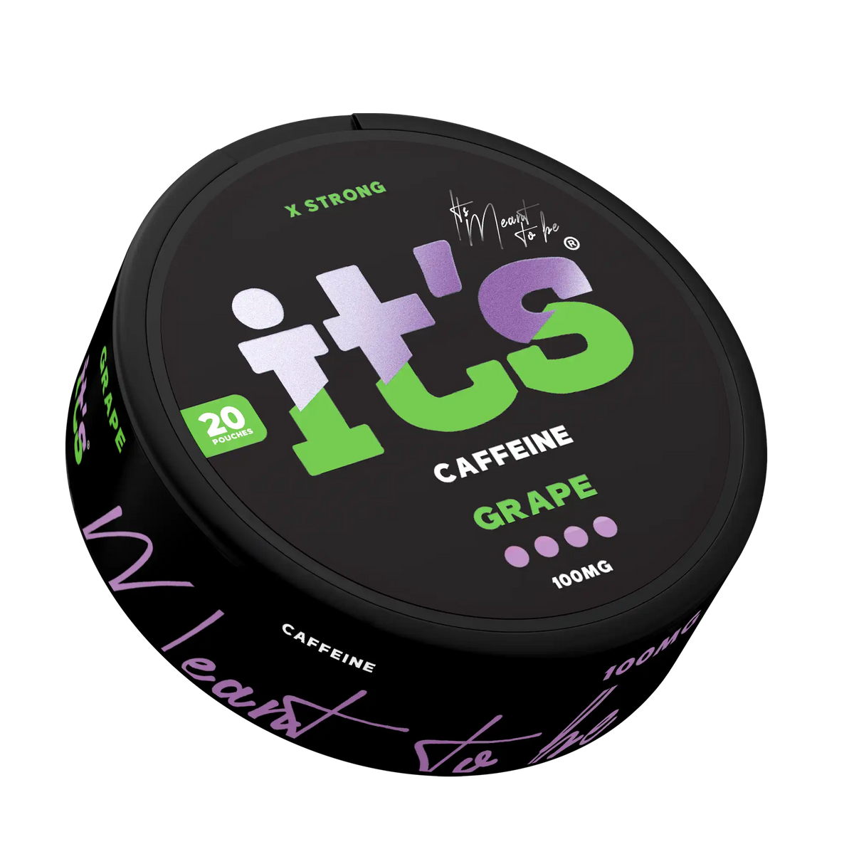 It’s Grape 100mg caffeine pouch can at an angle, sweet, juicy grape flavour