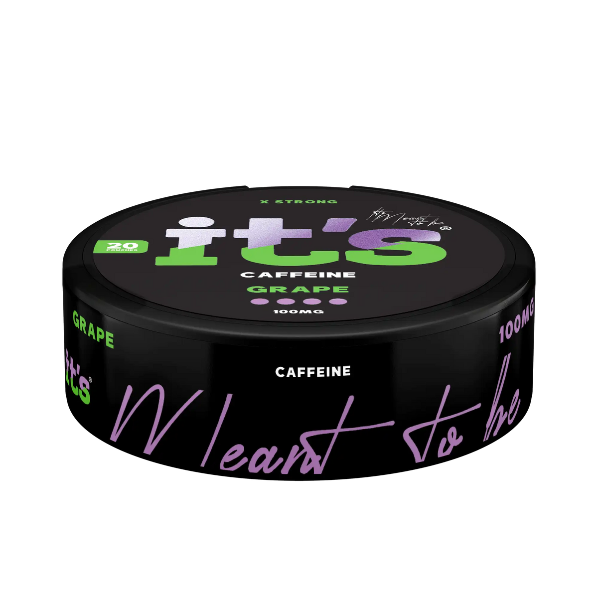 Side of the It’s Grape 100mg caffeine can, 20 nicotine-free caffeine pouches