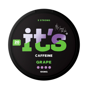 It’s Grape 100mg caffeine pouches UK, front of the can with the X Strong 100mg caffeine label