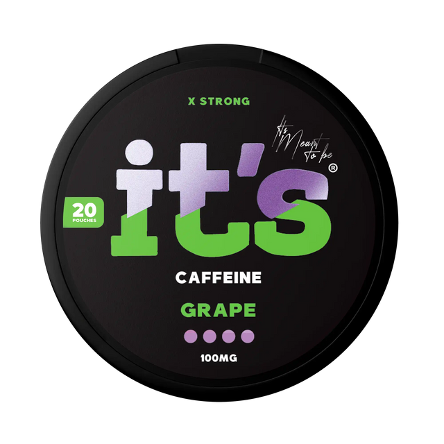 It’s Grape 100mg caffeine pouches UK, front of the can with the X Strong 100mg caffeine label