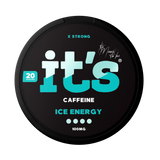 It’s Ice Energy 100mg caffeine pouches UK, front of the can with the X Strong 100mg caffeine label