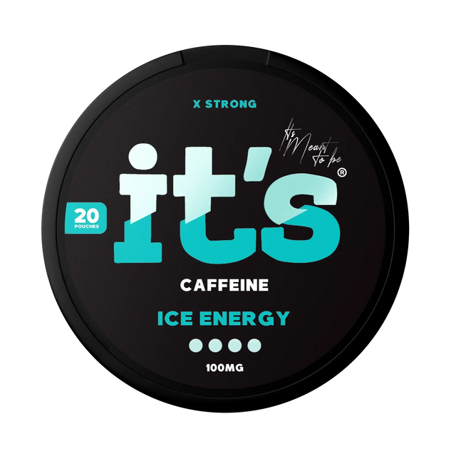 It’s Ice Energy 100mg caffeine pouches UK, front of the can with the X Strong 100mg caffeine label