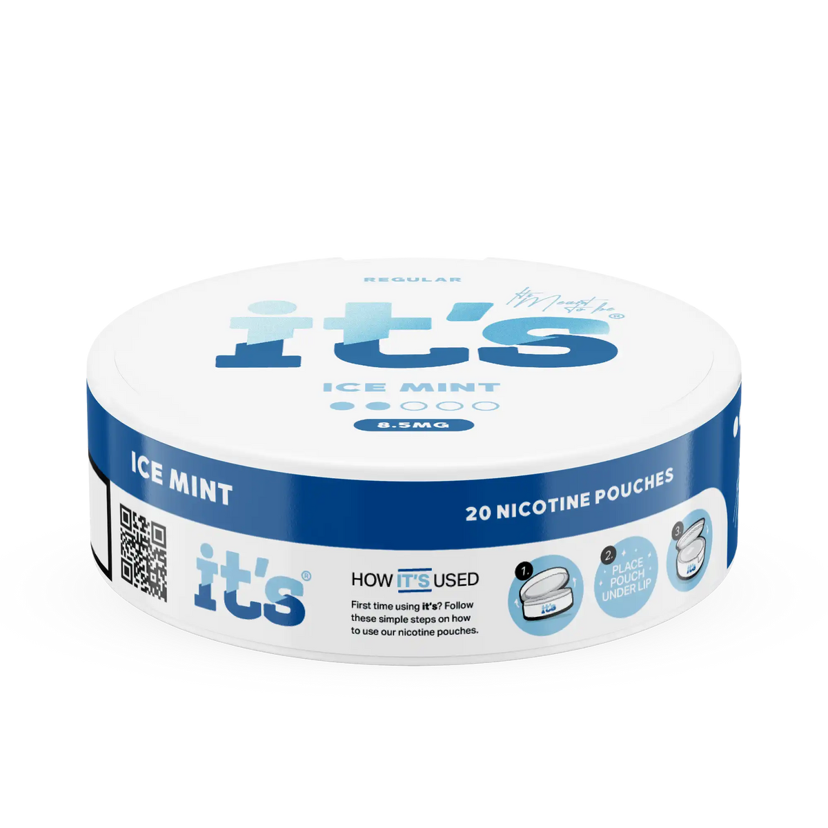 Side of the It’s Ice Mint 8.5mg can, 20 slim tobacco-free nicotine pouches