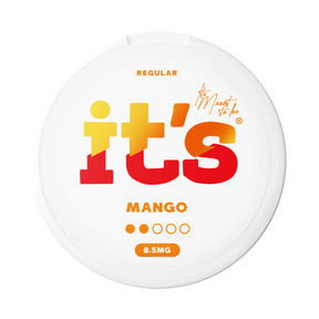 It’s Mango 8.5mg nicotine pouches UK, front of the can with the Regular strength label