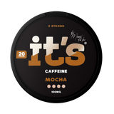 It’s Mocha 100mg caffeine pouches UK, front of the can with the X Strong 100mg caffeine label