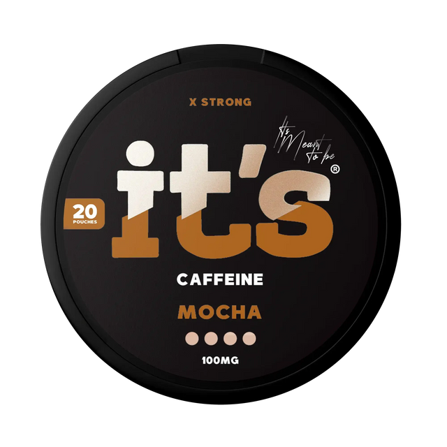It’s Mocha 100mg caffeine pouches UK, front of the can with the X Strong 100mg caffeine label