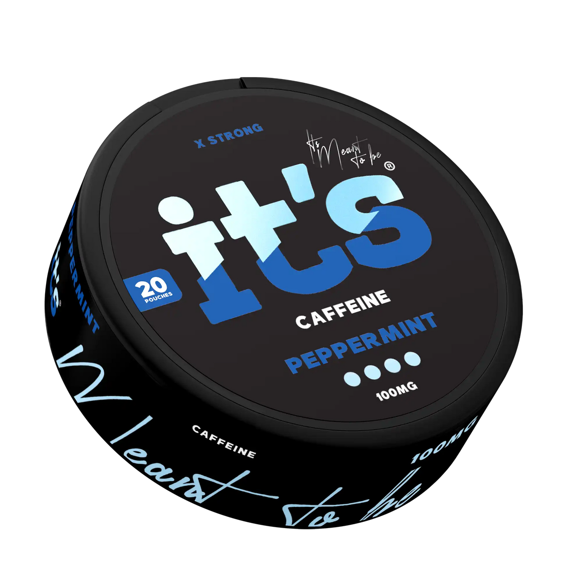 It’s Peppermint 100mg caffeine pouch can at an angle, cool, sharp peppermint flavour